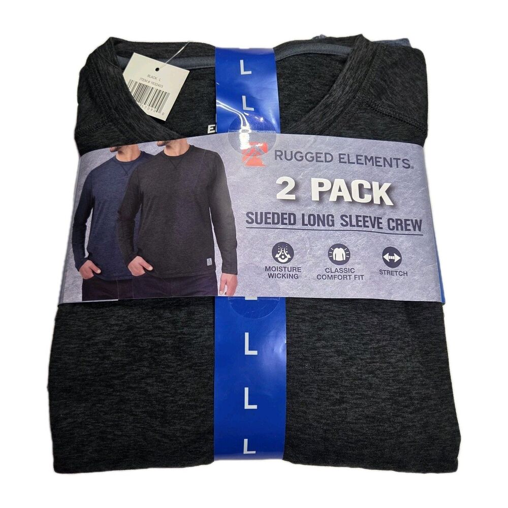 Rugged Elements Men's Large Sueded Long Sleeve Crew 2-pack Black And Blue‎ NTW